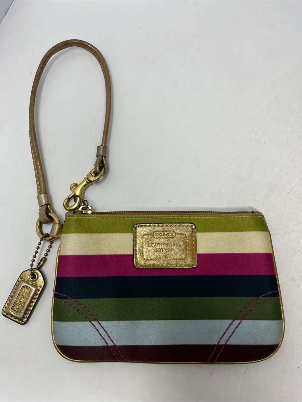 VINTAGE COACH LEGACY STRIPE WRISTLET WITH GOLD LEATHER TRIM AND HANG TAG